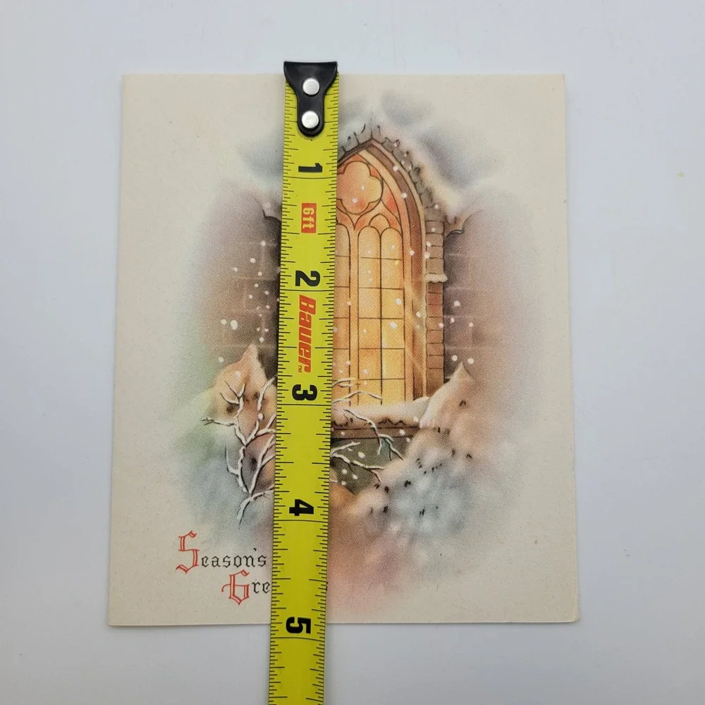 Vintage Seasons Greetings Christmas Card Church Window‎ Religious Holiday Card